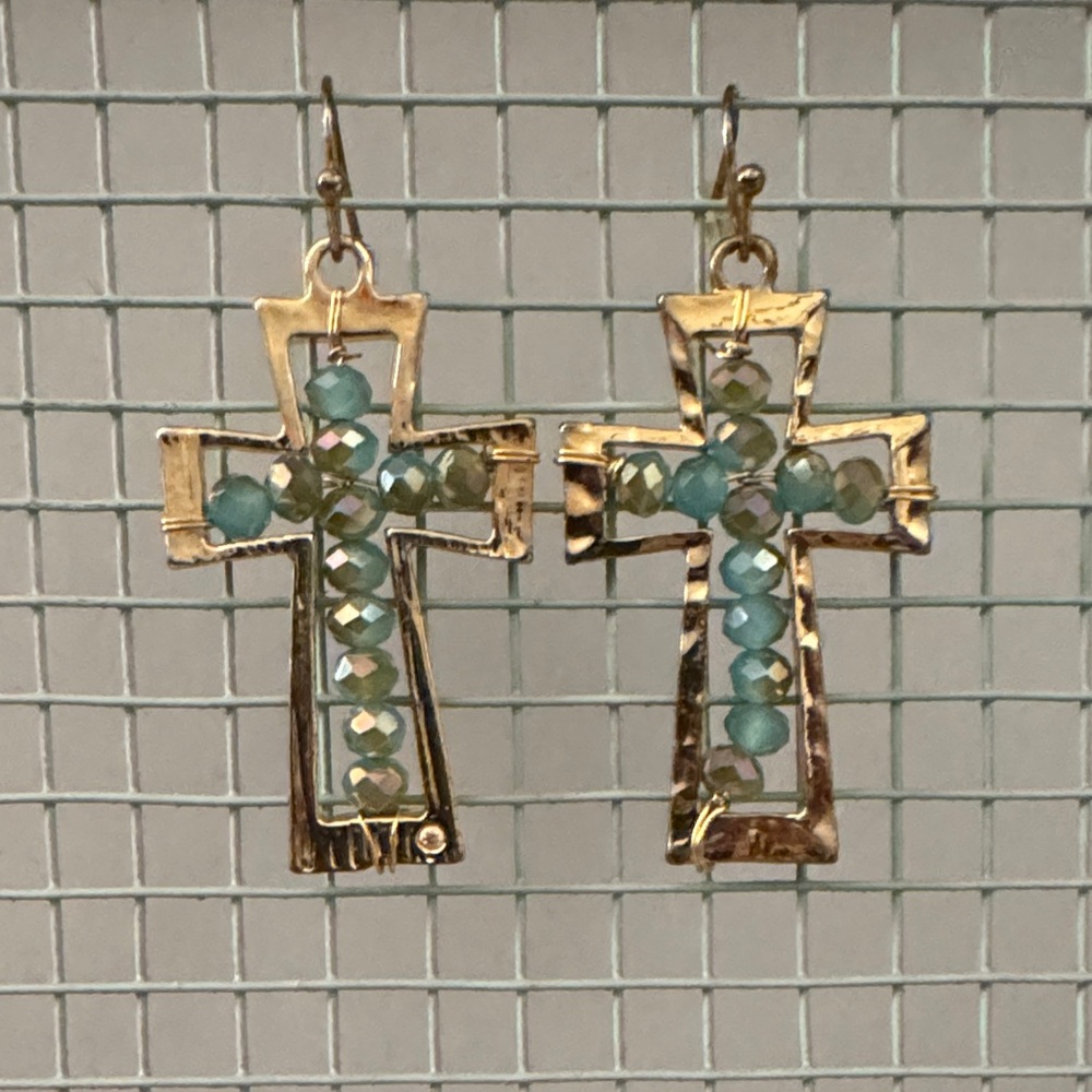 Gold and Green Cross Earrings